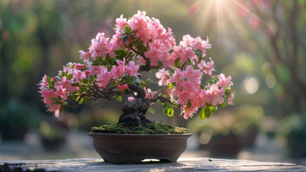 A delicate pink bonsai tree with flowers in bloom bathed in the warm glow of the morning sun