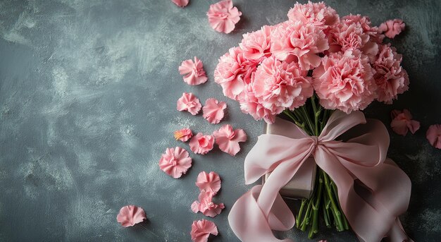 Photo delicate pink carnations beautifully arranged with a gift box adorned with ribbon