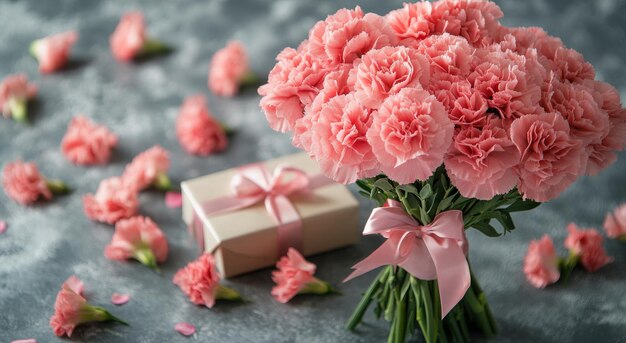 Photo delicate pink carnations beautifully arranged with a gift box adorned with ribbon