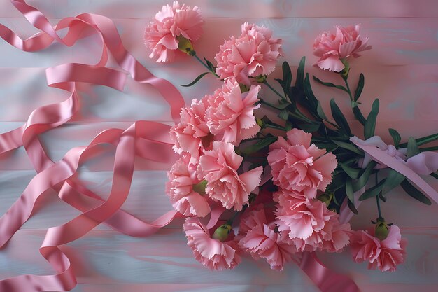 Photo delicate pink carnations with pink ribbon on a wooden background