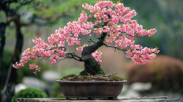 A delicate pink cherry blossom bonsai tree in a brown pot with a blurred green background