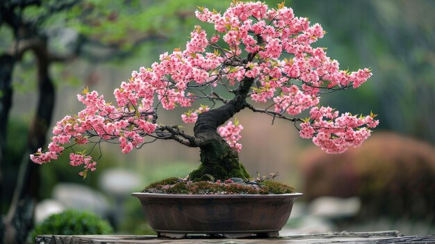 Photo a delicate pink cherry blossom bonsai tree in a brown pot with a blurred green background