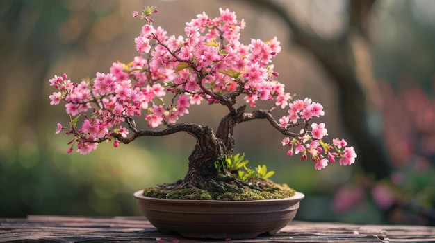 A delicate pink cherry blossom bonsai tree in a brown pot on a wooden surface