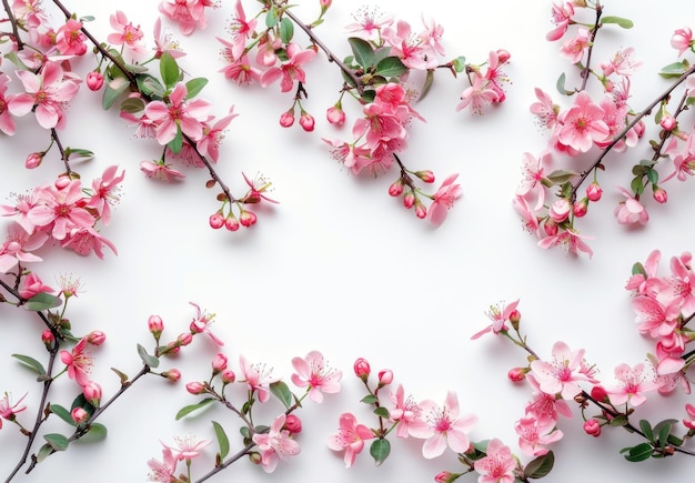 Delicate pink cherry blossom branches arranged beautifully on a soft white background creating a serene and fresh atmosphere