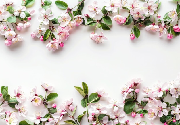 Delicate pink cherry blossoms arranged on a soft white background creating a serene and fresh spring atmosphere