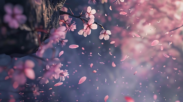 Delicate Pink Cherry Blossoms Falling From a Branch in a Soft Romantic Atmosphere