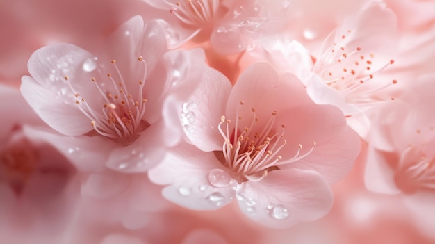 Photo delicate pink cherry blossoms in soft focus with water droplets glistening in morning light during spring season