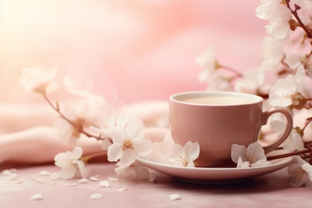 Delicate pink cup with blossom holds coffee Muted tones Generative AI