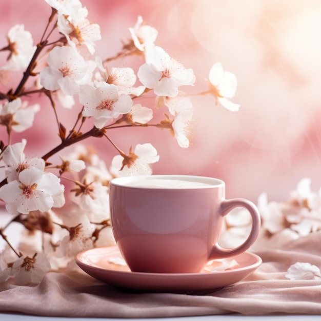 Delicate pink cup with blossom holds coffee Muted tones Generative AI