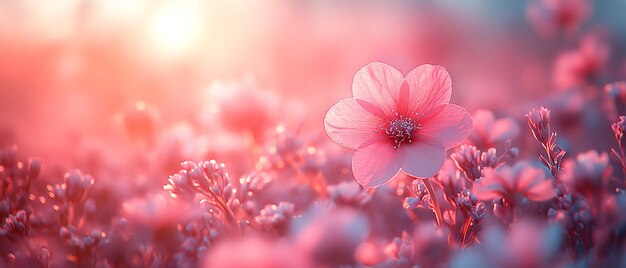 Delicate Pink Flower Blooming in a Field of Flowers at Sunset