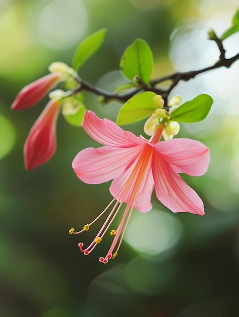 Delicate Pink Flower with Green Leaves in Soft Focus Nature Beauty