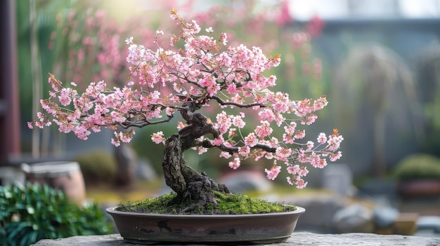 A delicate pink flowering bonsai tree in a brown pot with a blurred green background