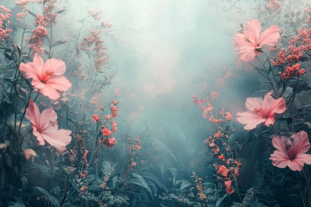 Delicate pink flowers bloom amidst vibrant blossoms enveloped in soft morning mist that adds a serene touch to the garden scene