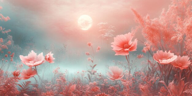 Photo delicate pink flowers bloom amidst vibrant blossoms enveloped in soft morning mist that adds a serene touch to the garden scene