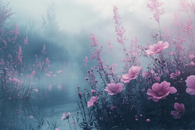 Delicate pink flowers bloom amidst vibrant blossoms enveloped in soft morning mist that adds a serene touch to the garden scene