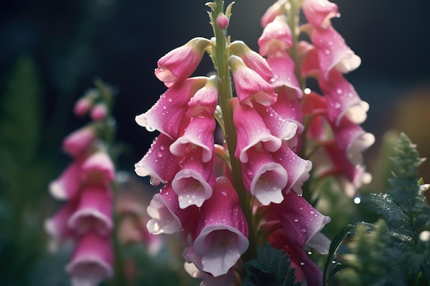 Delicate pink foxglove flowers glistening with dew in a serene garden during early morning light