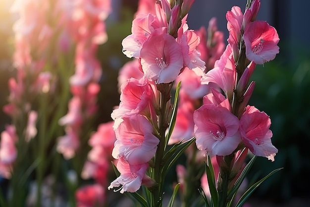 Delicate pink gladiolus flowers bloom in the warm afternoon sunlight of a vibrant garden