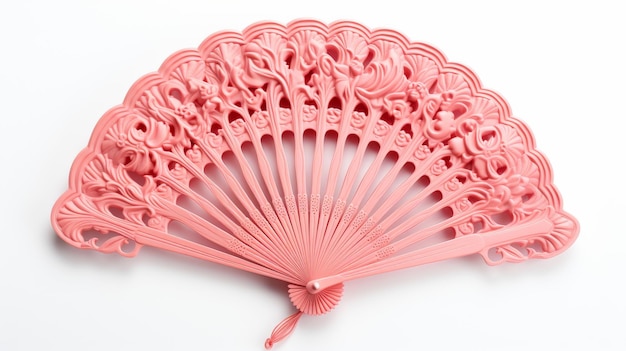 A delicate pink hand fan gracefully rests on a pristine white background