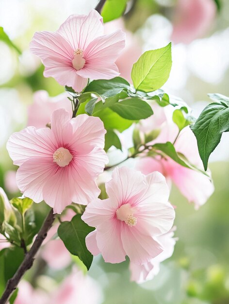 Delicate Pink Hibiscus Flowers in Bloom with Lush Green Leaves