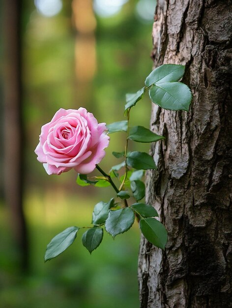 Delicate Pink Rose Blooming from Tree Bark in Serene Forest Setting