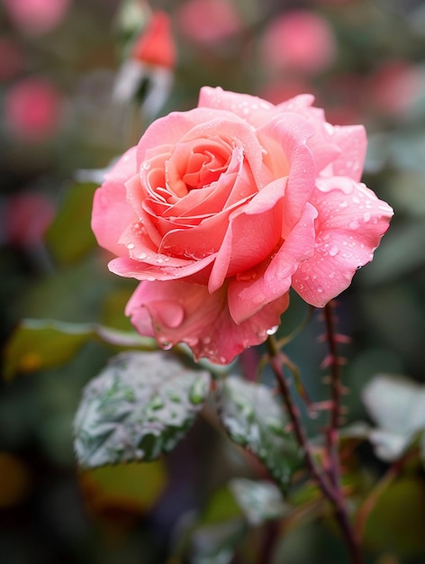 Delicate Pink Rose with Dew Drops in a Lush Garden Setting