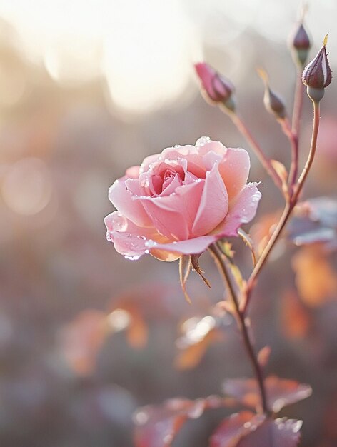 Photo delicate pink rose with dew drops in soft morning light