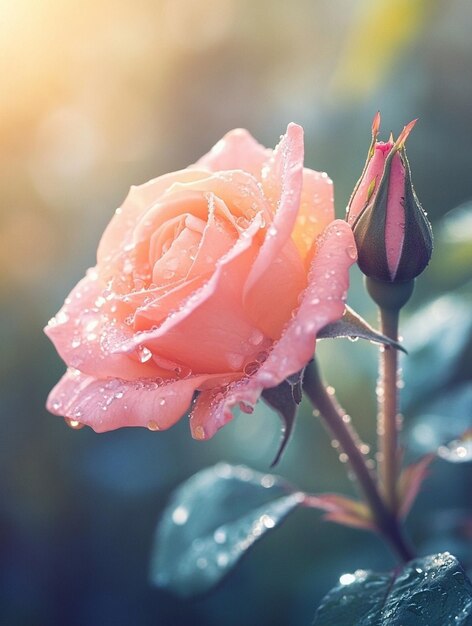 Delicate Pink Rose with Dew Drops in Soft Morning Light