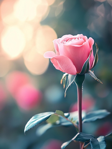 Photo delicate pink rose with soft bokeh background romantic floral beauty