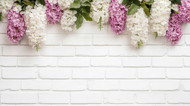 Photo delicate pink and white flowers cascade from a lush floral design against a white brick wall creating an enchanting backdrop for events