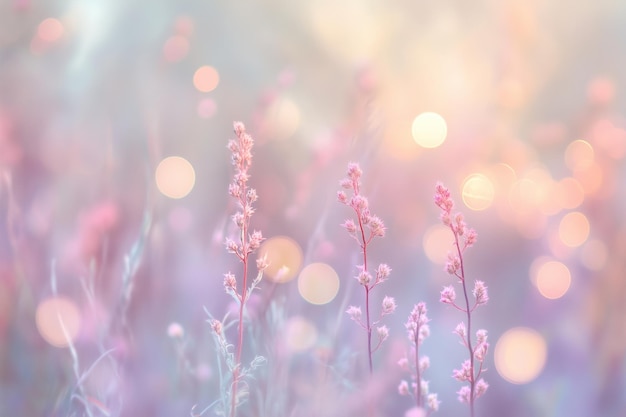 Photo delicate pink wildflowers bloom softly in the sunlight during a serene morning in an open field with a pastel background