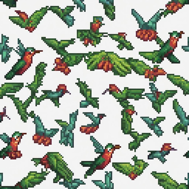 Delicate pixel art featuring a vibrant hummingbird pattern against a pristine white backdrop