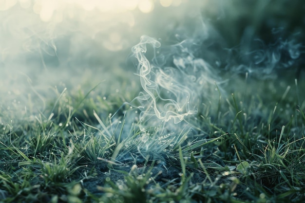 Photo delicate plumes of smoke dance above a dewy patch of morning grass blending seamlessly with the serene early light to create a peaceful tableau