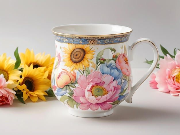 Photo delicate porcelain mug with vibrant floral watercolor peonies sunflowers and daisies gold handle