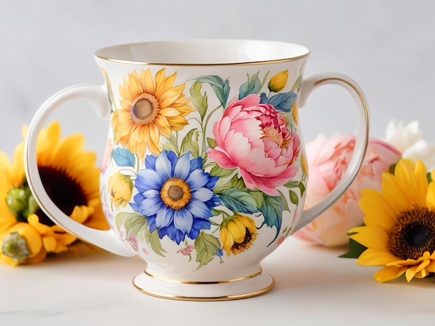 Photo delicate porcelain mug with vibrant floral watercolor peonies sunflowers and daisies gold handle