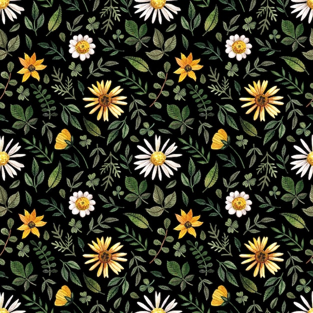 Delicate pressed floral watercolor seamless patterns and dried flower arrangements are placed on black backgrounds in natural colour palette.