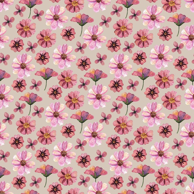 Delicate pressed floral watercolor seamless patterns and dried flower arrangements are placed on natural backgrounds