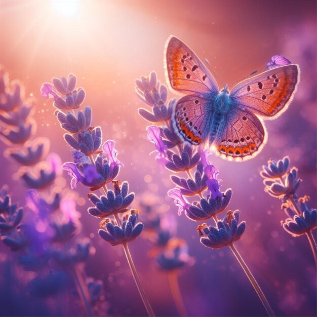 Delicate purple lavender flowers and butterflies close Generative