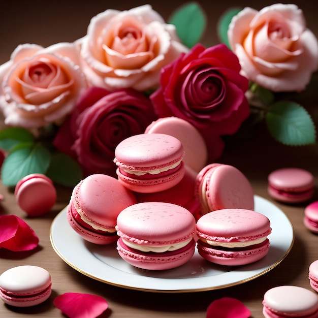 delicate raspberry and roseflavored macarons filled with a light ganache and garnished