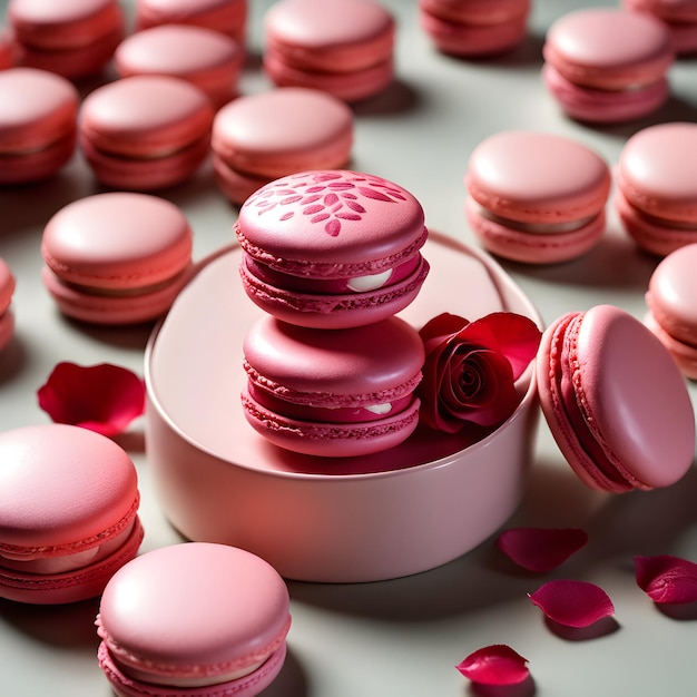 delicate raspberry and roseflavored macarons filled with a light ganache and garnished