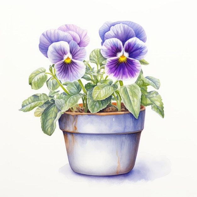 Delicate Realism Pansies In Pot Watercolor Painting