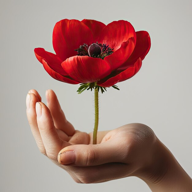 A delicate red poppy flower held gently in a hand