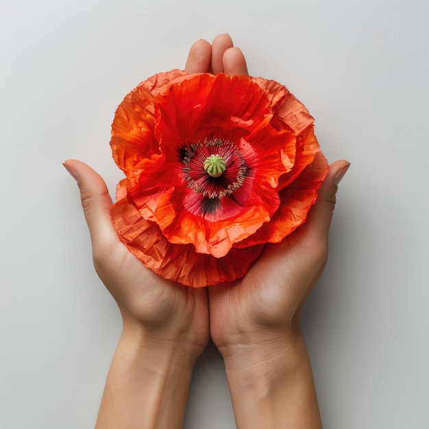 A delicate red poppy flower held gently in two hands