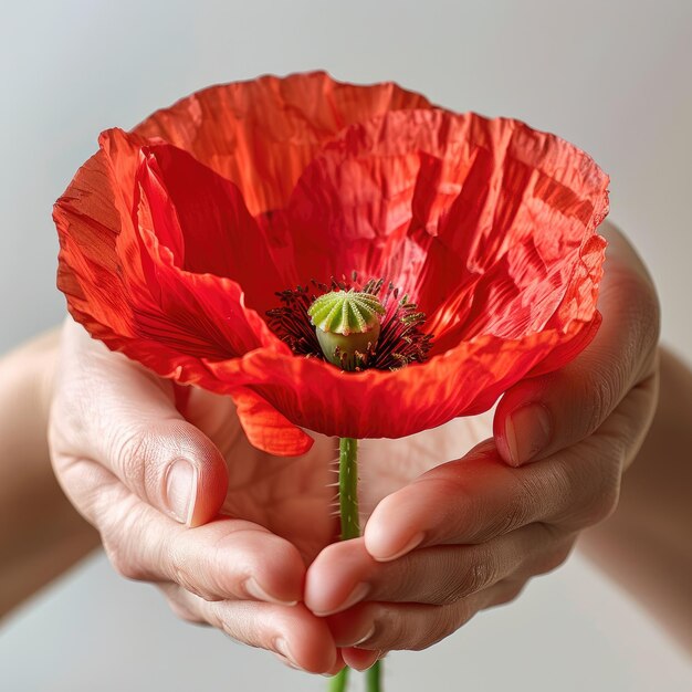 A delicate red poppy held gently in cupped hands