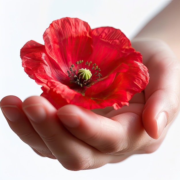 A delicate red poppy held gently in a hand