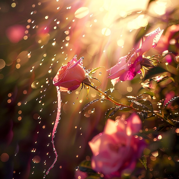 Photo delicate rose in golden raindrops with glowing sparkles capturing the essence of floral beauty