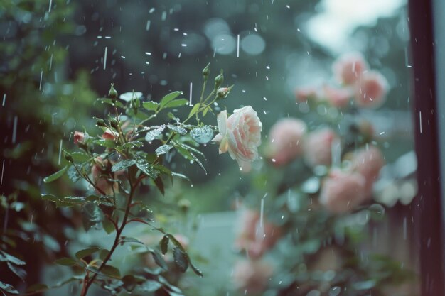 Photo delicate roses in full bloom adorned with raindrops and surrounded by lush greenery create a romantic and refreshing garden scene