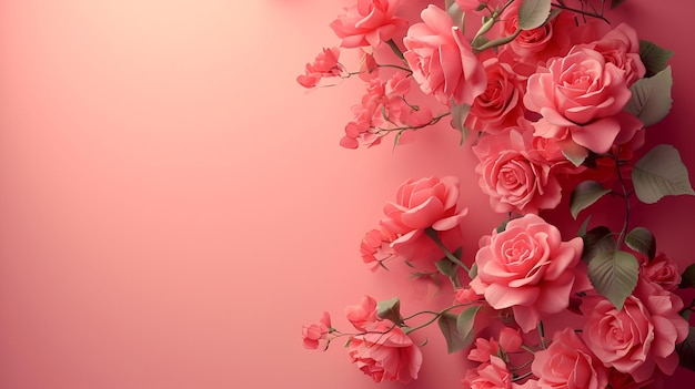 Delicate roses with vibrant green leaves set against a pink background