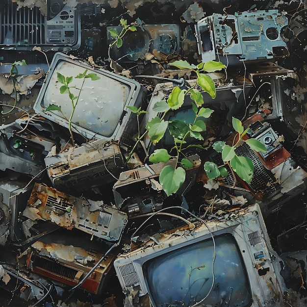 Delicate Seedlings Sprouting Amidst Weathered Electronics and Discarded Consumer Goods