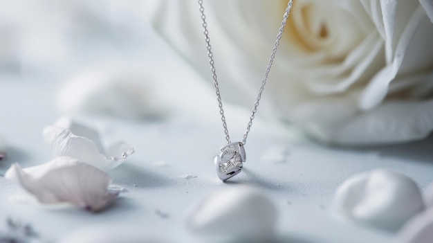 A delicate silver necklace with a heartshaped pendant rests elegantly among soft white rose petals evoking romance and tenderness