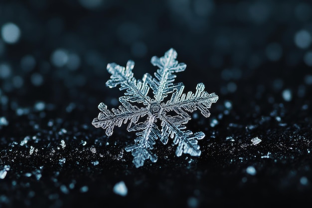 Delicate snowflake resting on dark surface showcasing intricate crystal details in winter